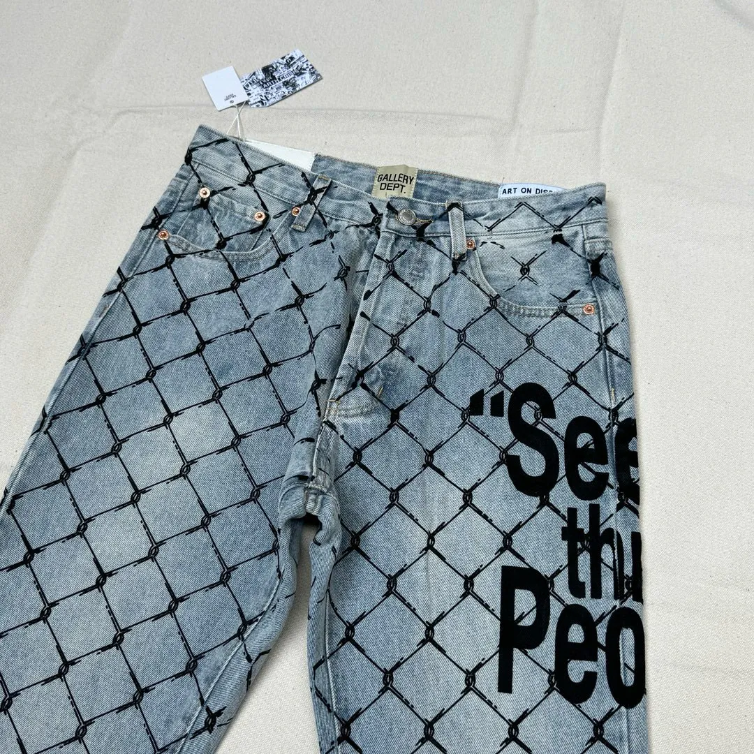 -Size upper body P240#G786 GALLERY DEPT. Steel mesh letter printed slim jeans jeans casual group trendy American slim men's and women's trousers Color: blue Size: S-XXL (corresponding to 28-36)